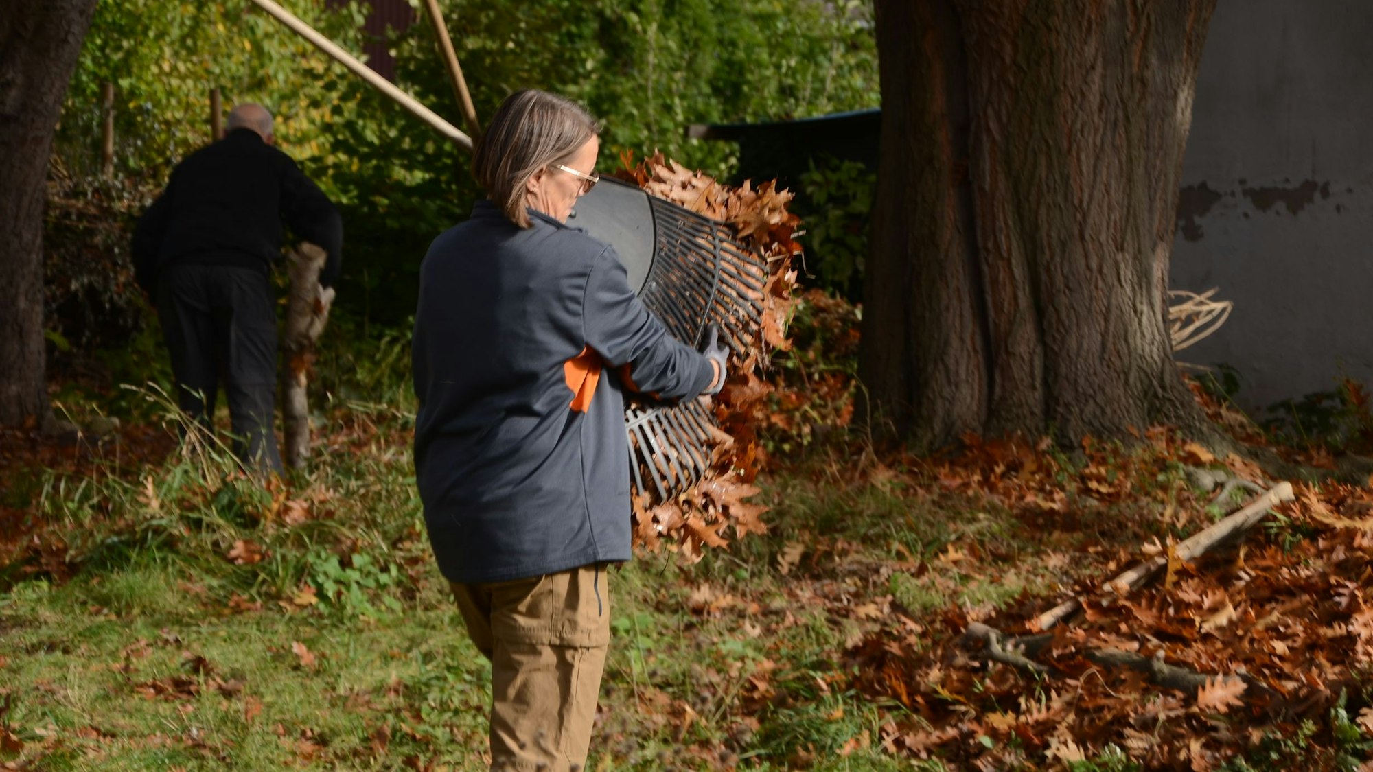 Eine Frau trägt Herbstlaub zu einem Laubhaufen.