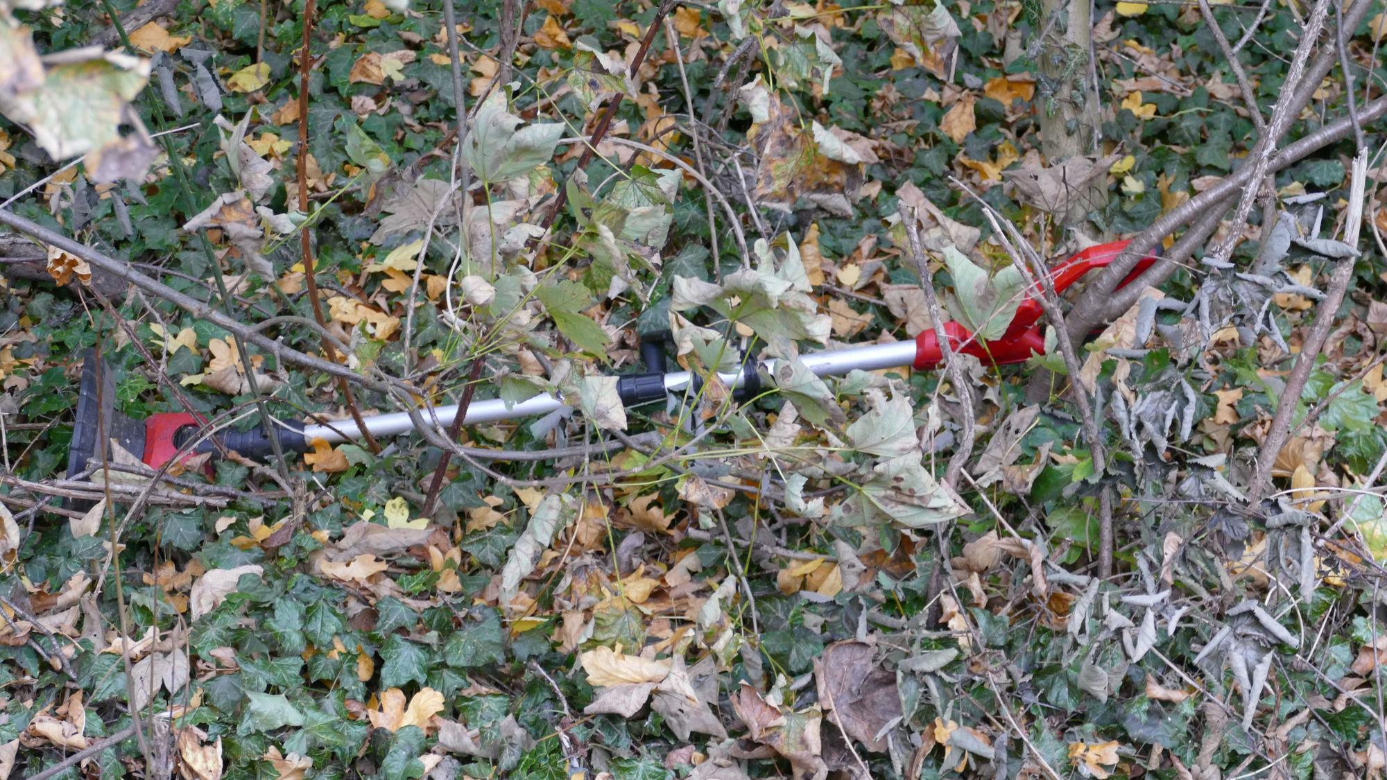 Ein Rasentrimmer liegt in einem Gebüsch auf dem Boden.