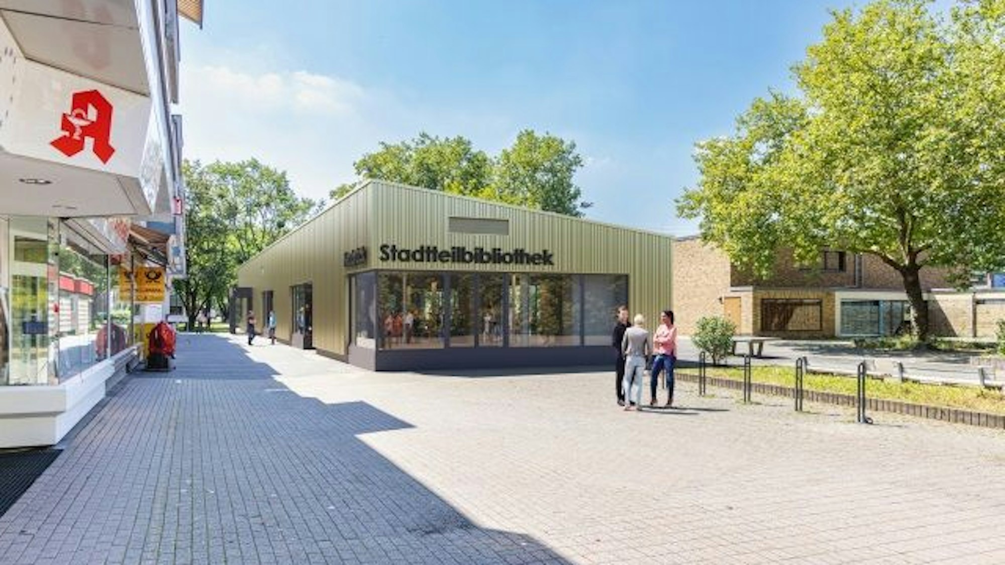 Auf einer Visualisierung wird die neue Bibliothek in Neubrück gezeigt.