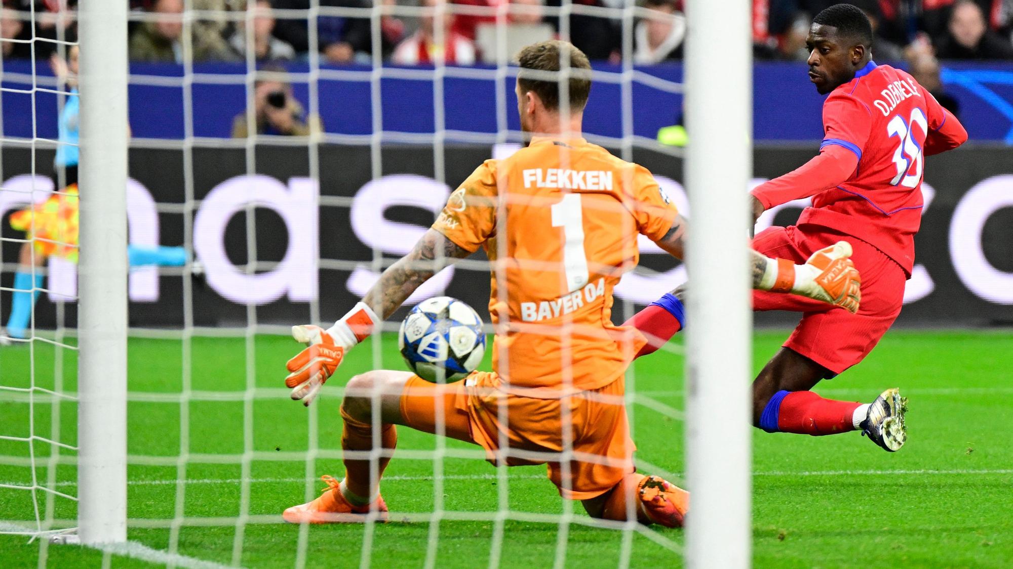TOPSHOT - Paris Saint-Germain's French forward #10 Ousmane Dembele scores his team's sixth goal 2-6 during the UEFA Champions League football match between Bayer 04 Leverkusen and Paris Saint-Germain (PSG) at the BayArena stadium in Leverkusen, western Germany on October 21, 2025. (Photo by INA FASSBENDER / AFP)