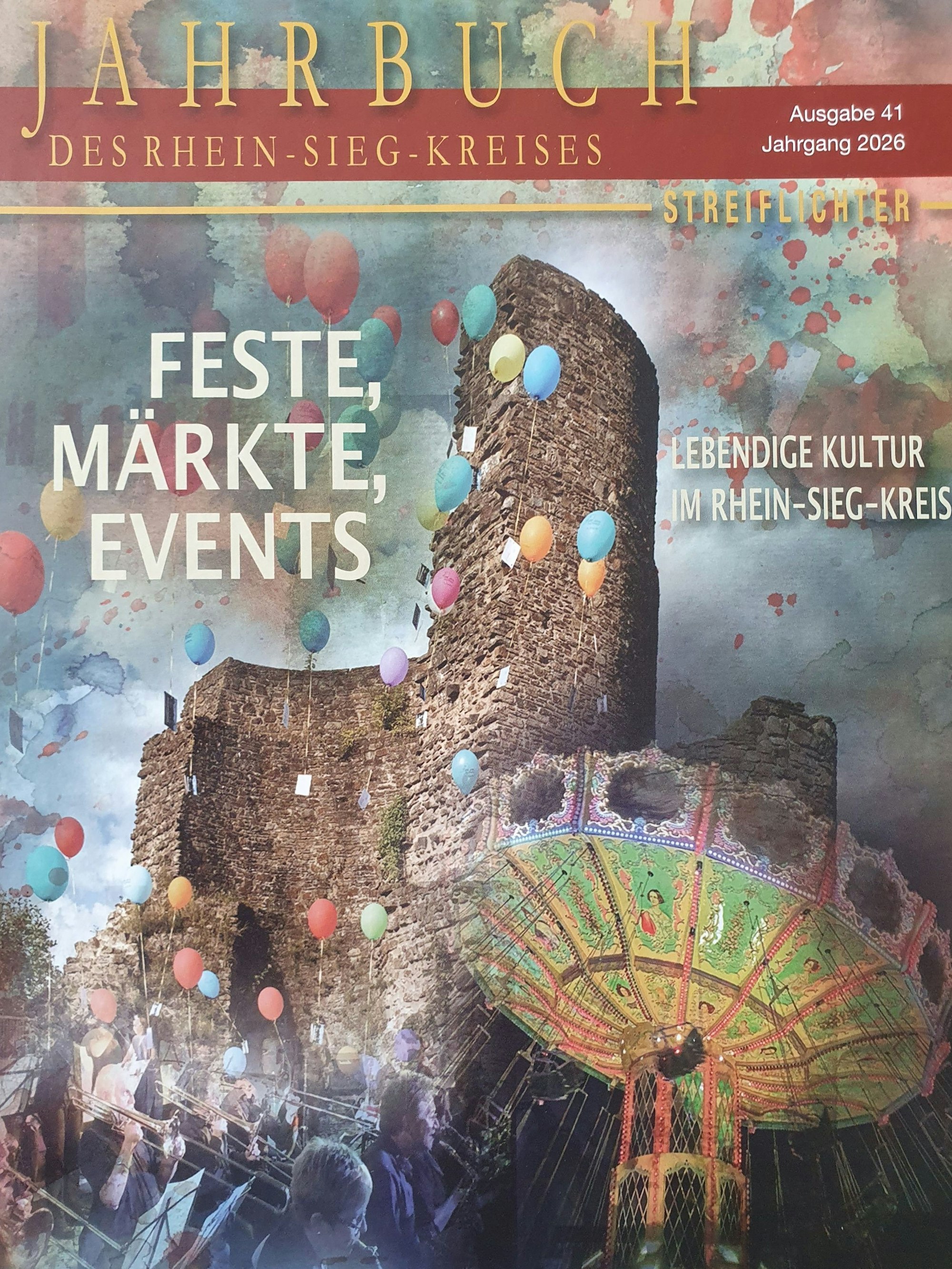 Ein Buchtitel. Märkte, Feste, Events steht über der Illustration, die eine Burgruine, ein Kettenkarrussel und eine Achterbahn zeigt.
