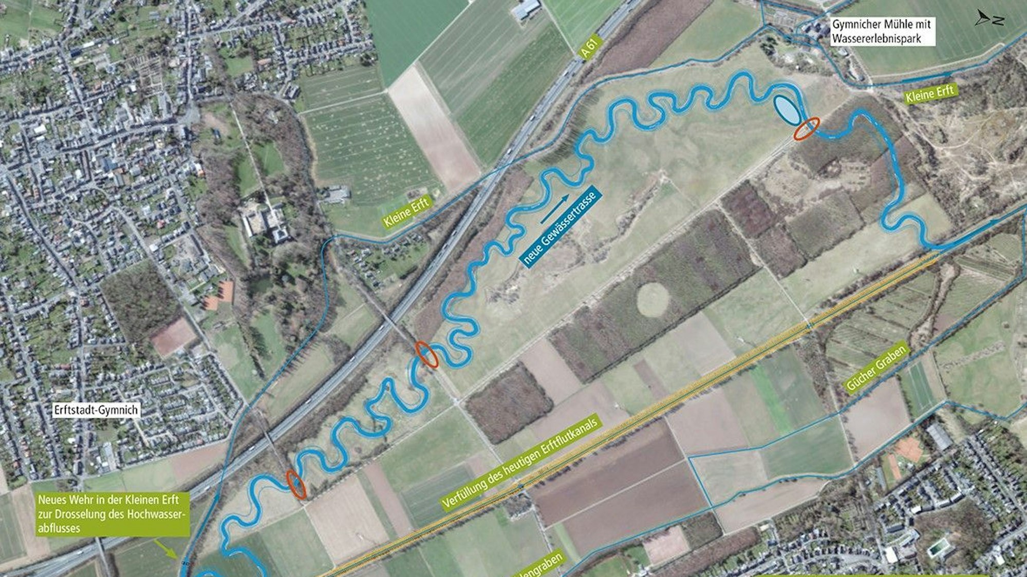 Zu sehen ist eine Grafik des neuen Flussbettes der Erft zwischen Erftstadt und Kerpen.
