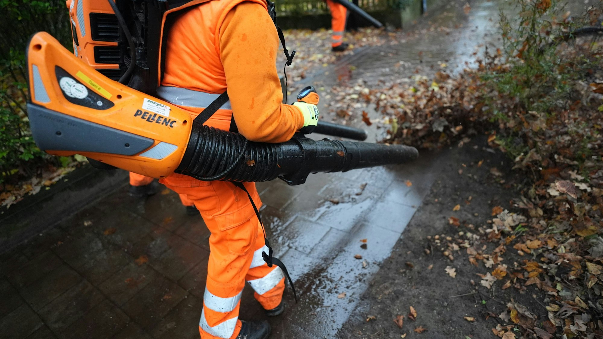 23.10.2025, Hamburg: Mitarbeiter der Stadtreinigung Hamburg (SRH) beseitigen mit elektrischen Laubbläsern das Laub vom Gehweg der Friedensallee.