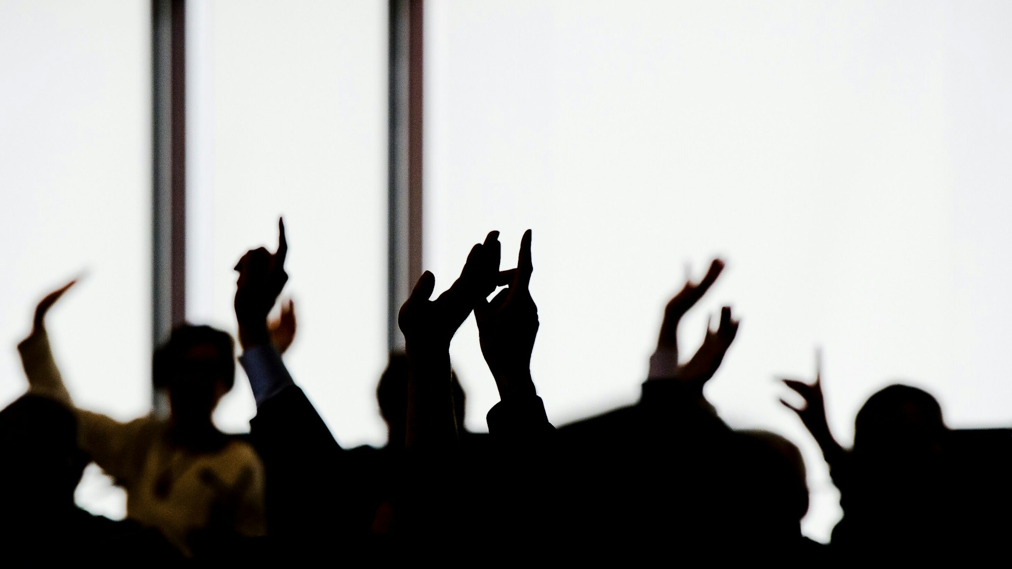 Abgeordnete heben bei einer Abstimmung die Hände.