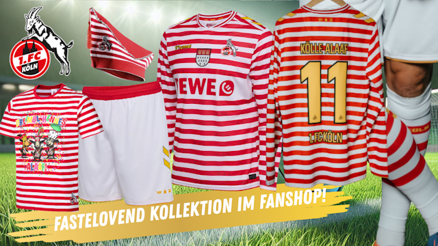 Auf dem Bild wird die neue Fastelovend Kollektion des 1. FC KÖLNS in Szene gesetzt.