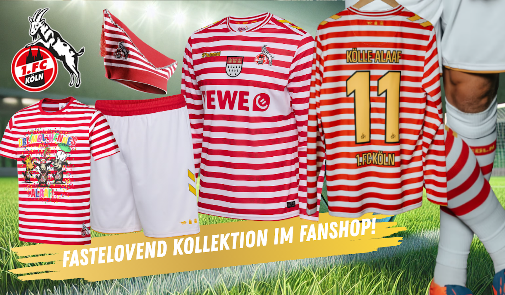 Auf dem Bild wird die neue Fastelovend Kollektion des 1. FC KÖLNS in Szene gesetzt.