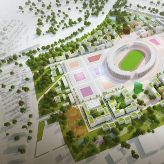Entwurf für ein temporäres Olympiastadion, das nach den Spielen zu einem grünen Stadtzentrum umgestaltet wird. Es könnte im neu geplanten Kölner Stadtteil Kreuzfeld oder in Essen stehen.