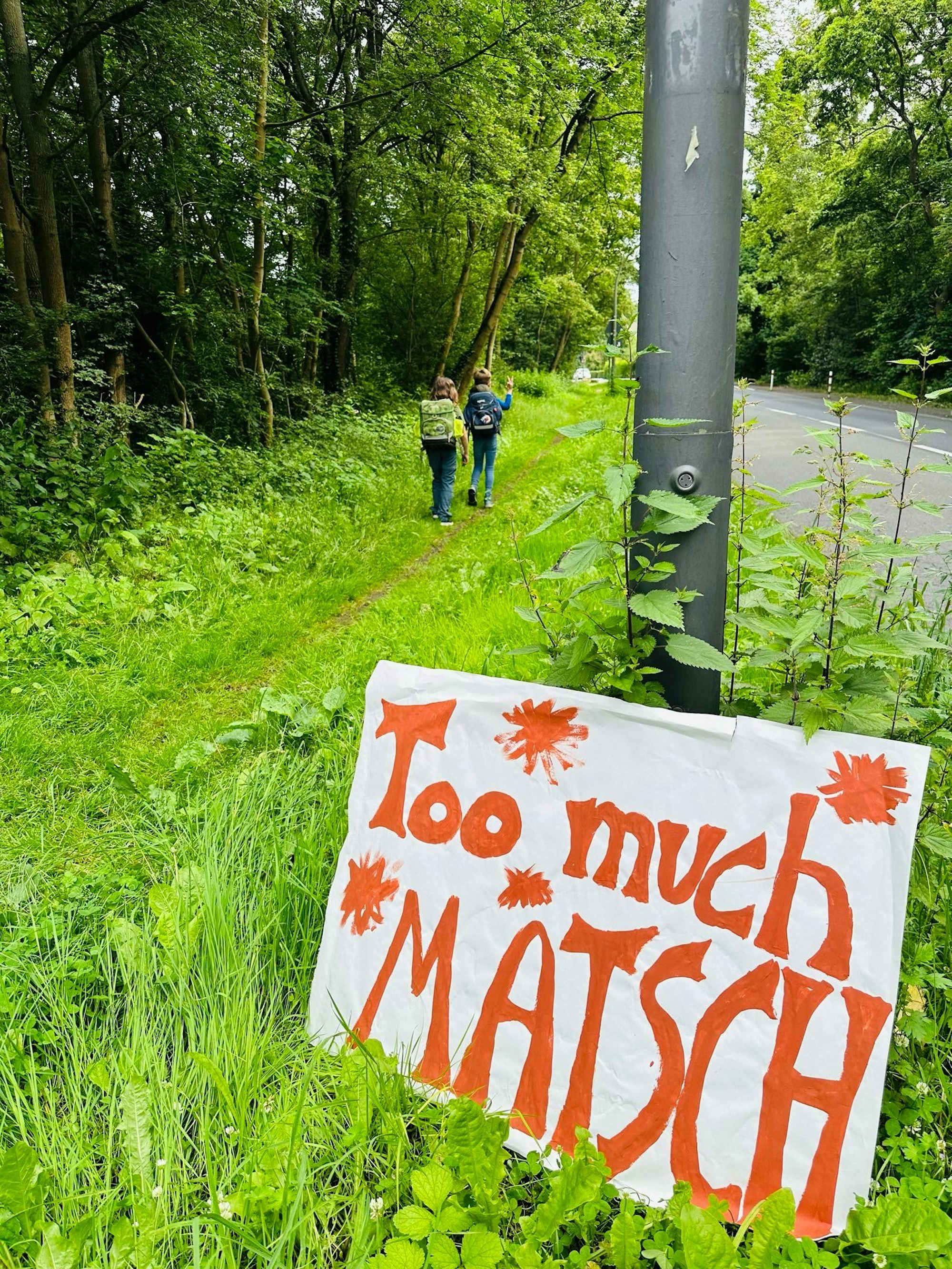 Auf einem Schild, das an einem Laternenpfahl lehnt, steht Too much Matsch.