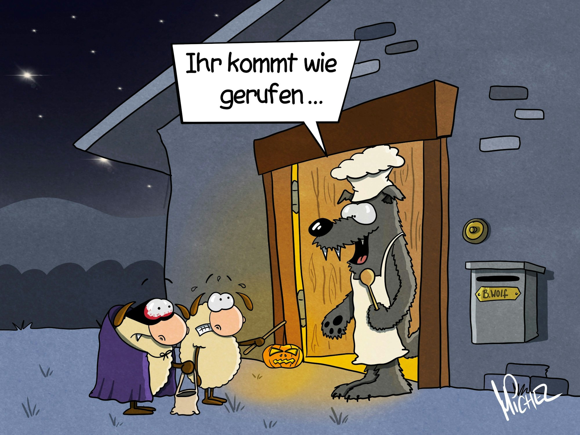 Zwei gruselig verkleidete Schafe stehen mit einem Beutel voller Süßigkeiten und einer Laterne vor einer Haustüre. In dieser steht ein Wolf mit Kochmütze und Kochschürze und sagt: „Ihr kommt wie gerufen“.