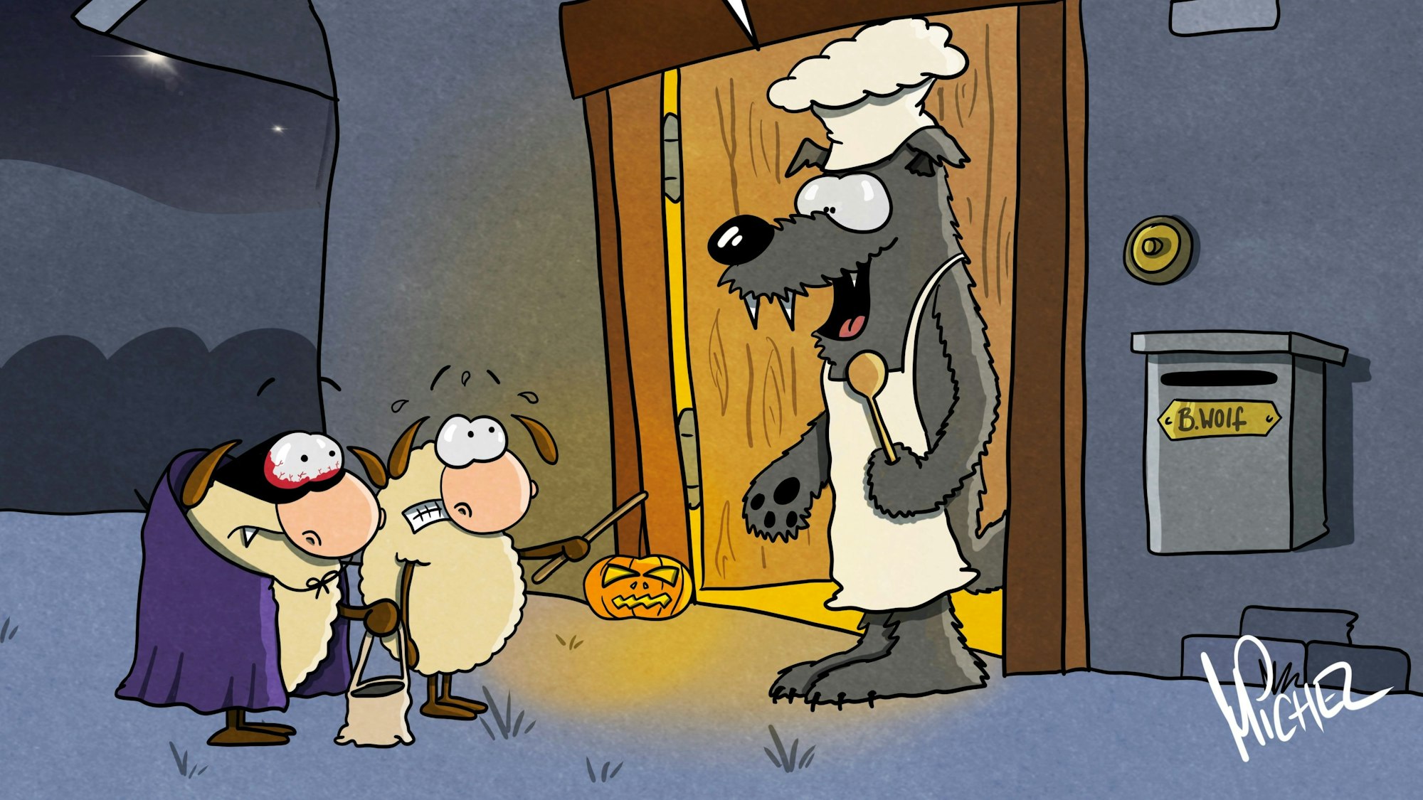 Zwei gruselig verkleidete Schafe stehen mit einem Beutel voller Süßigkeiten und einer Laterne vor einer Haustüre. In dieser steht ein Wolf mit Kochmütze und Kochschürze und sagt: „Ihr kommt wie gerufen“.