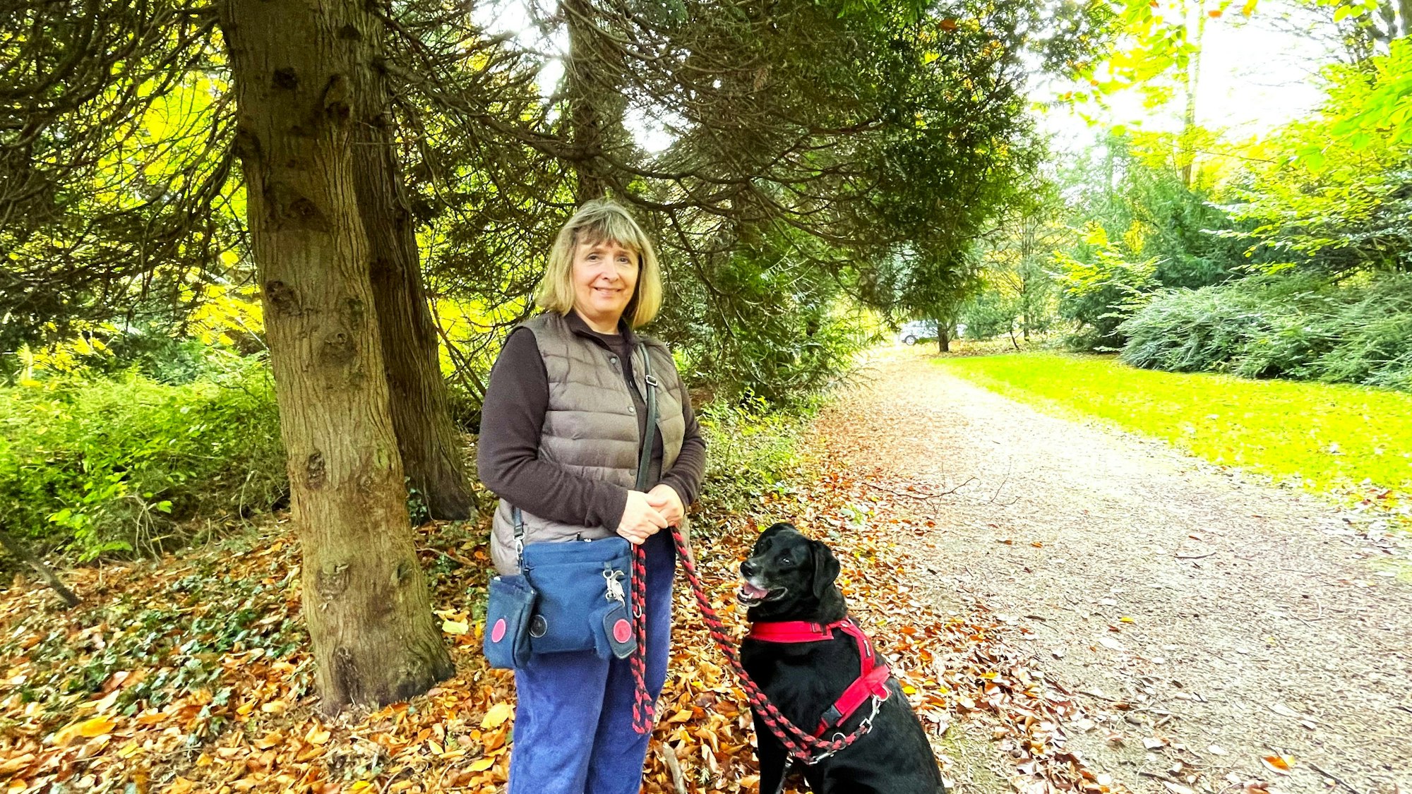 Eine Frau in Jeans, Pulli und Steppweste steht neben einem Spazierweg in einem Park, einen Hund an der Leine.