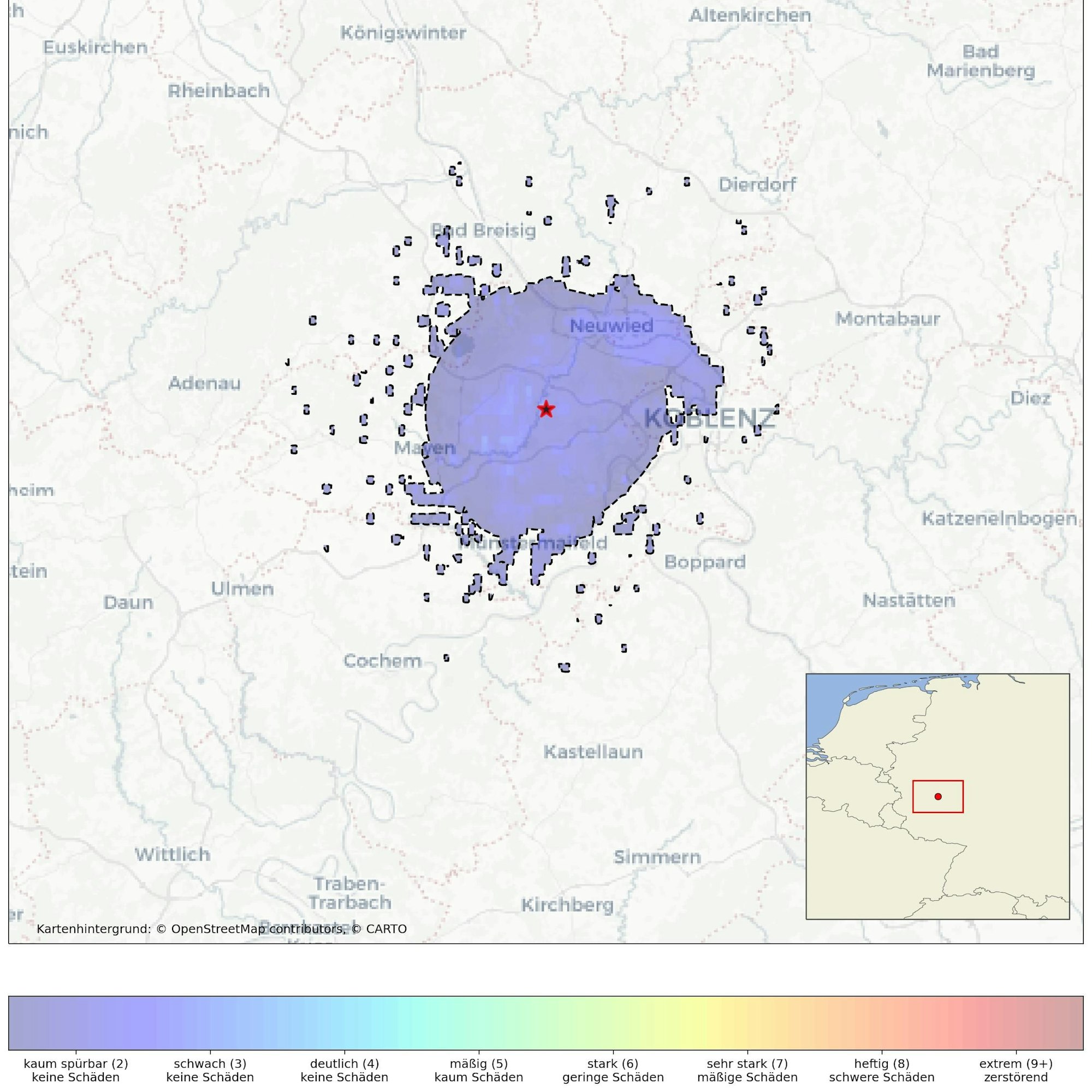Die Karte zeigt das Erdbeben mit dem Epizentrum in Ochtendung.