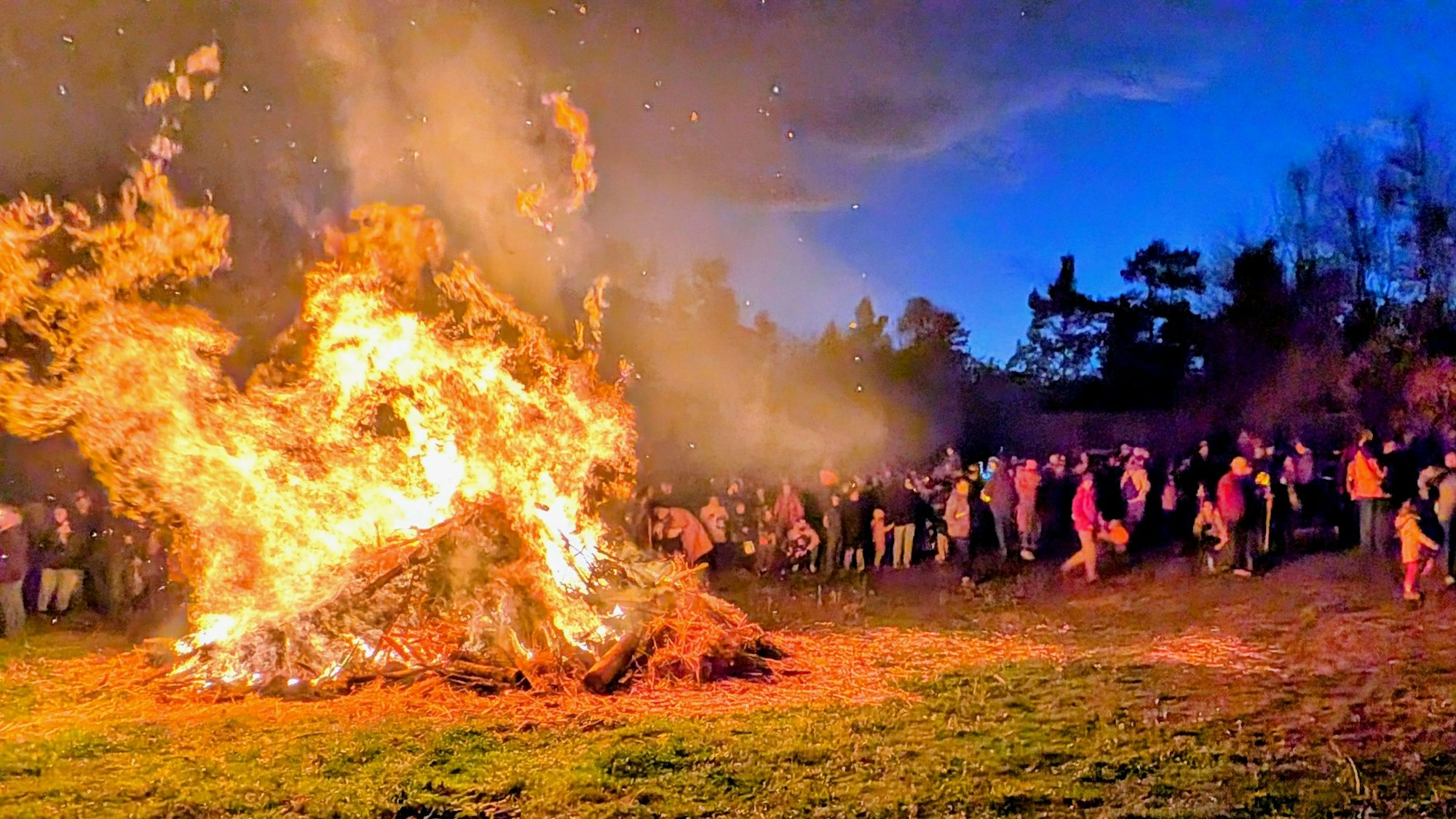 Das lichterloh brennende Martinsfeuer beim Martinszug im LVR-Freilichtmuseum Kommern