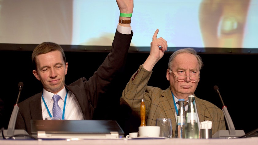 Der derzeitige Sprecher der Partei Alternative für Deutschland (AfD), Bernd Lucke (l), hebt während des Gründungsparteitages der Partei am 14.04.2013 in Berlin zusammen mit dem momentanen stellvertretenden Sprecher der Partei, Alexander Gauland, bei einer Abstimmung die Hand. Die Partei, in der auch viele ehemalige CDU-Anhänger organisiert sind, fordert das Ende des Euro. Sie hält auch eine Rückkehr zur D-Mark für möglich. Um den Austritt aus der Eurozone zu erzwingen, soll Deutschland weitere Hilfskredite für Krisenländer verweigern. Foto: Marc Tirl/dpa +++(c) dpa - Bildfunk+++