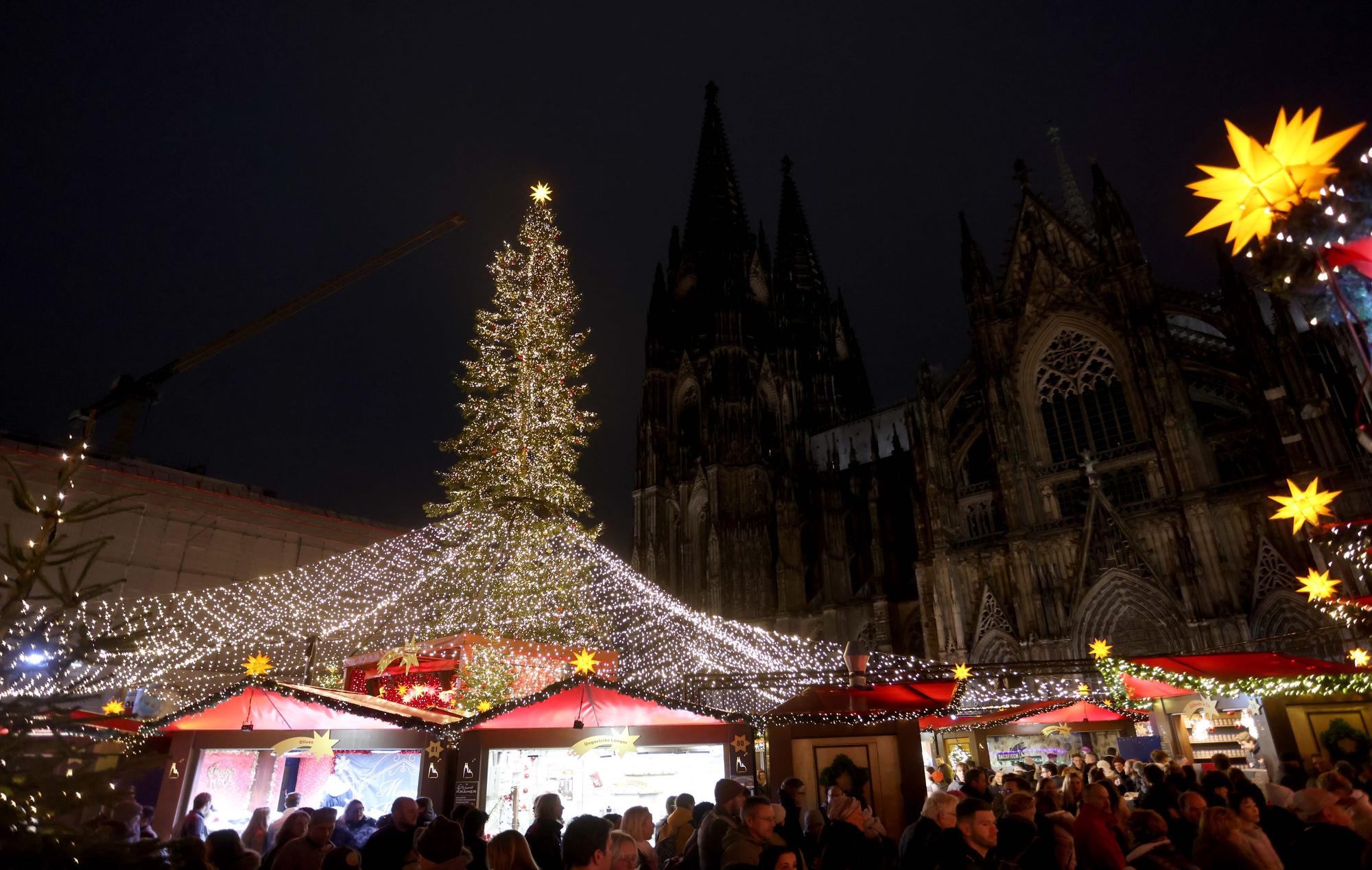 Ein großer beleuchteter Weihnachtsbaum auf dem Weihnachtsmarkt am Kölner Dom.