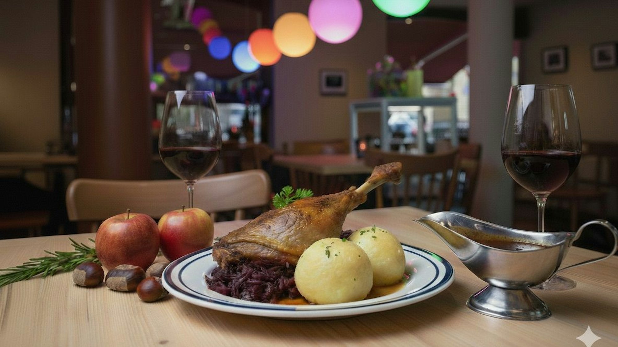 Gänsekeule mit Klößen und Rotkohl in der Kölner „Weissenburg“.