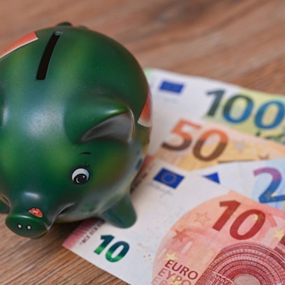Ein Sparschwein steht auf einem Tisch neben Eurobanknoten. (Symbolbild)