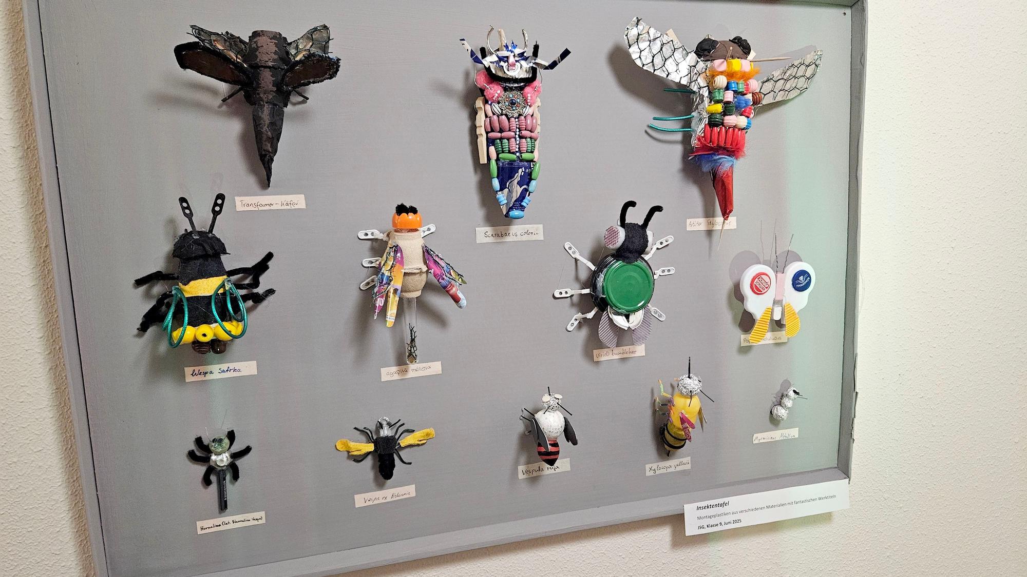 Montageplastiken von fantasievollen Insekten hängen an einer Schautafel.