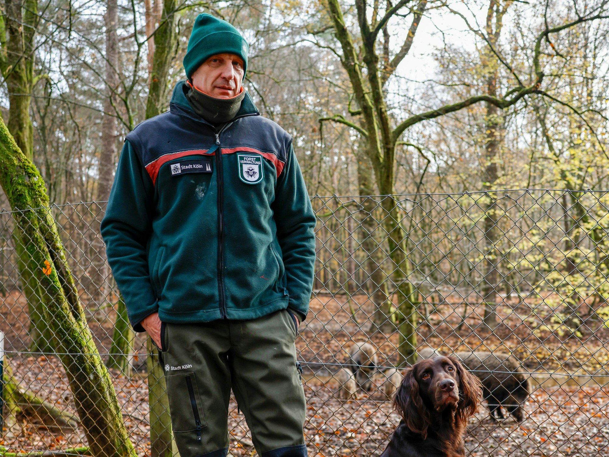 Stadtförster Jörn Anlauf und sein Jagdhund Greif vor dem Wildgehege in Dünnwald. Dort leben aktuell rund 20 Wildschweine. Ein Elektrozaun schützt sie vor Kontakten mit freilebenden Artgenossen.