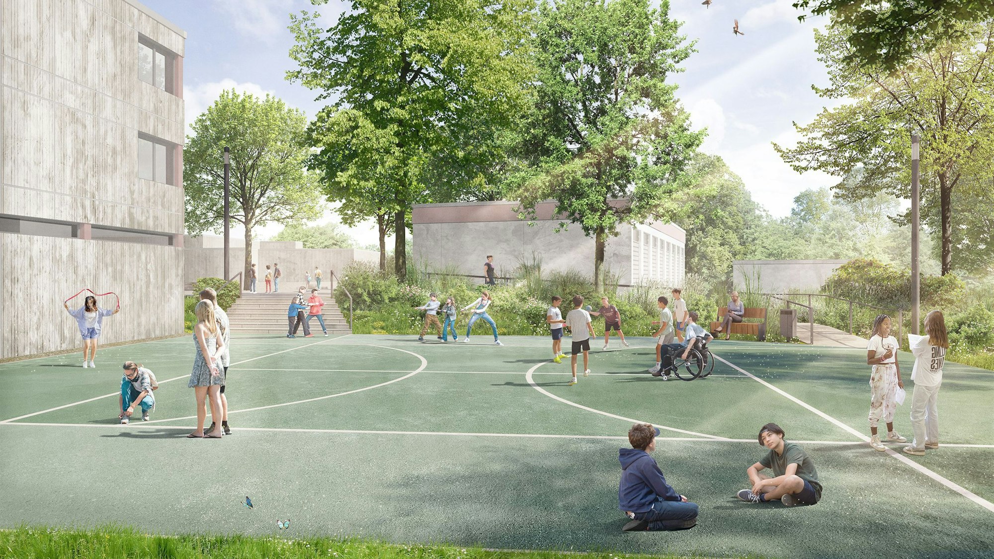 Die Animation zeigt eine mit einem Kunststoffbelag ausgestattete Ballspielfläche.