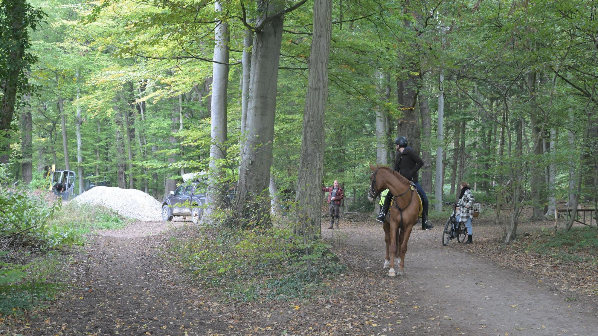 Ein Reiter reitet auf seinem Pferd auf einem Wanderweg neben der Baustelle.