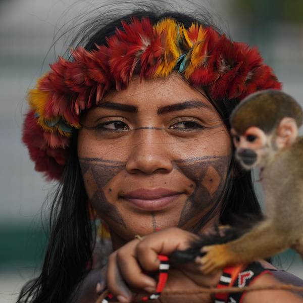 14.11.2025, Brasilien, Belem: Angelica Munduruku von der indigenen Gruppe der Munduruku hält einen Affen, als sie den Eingang zum COP30-Klimagipfel blockiert.