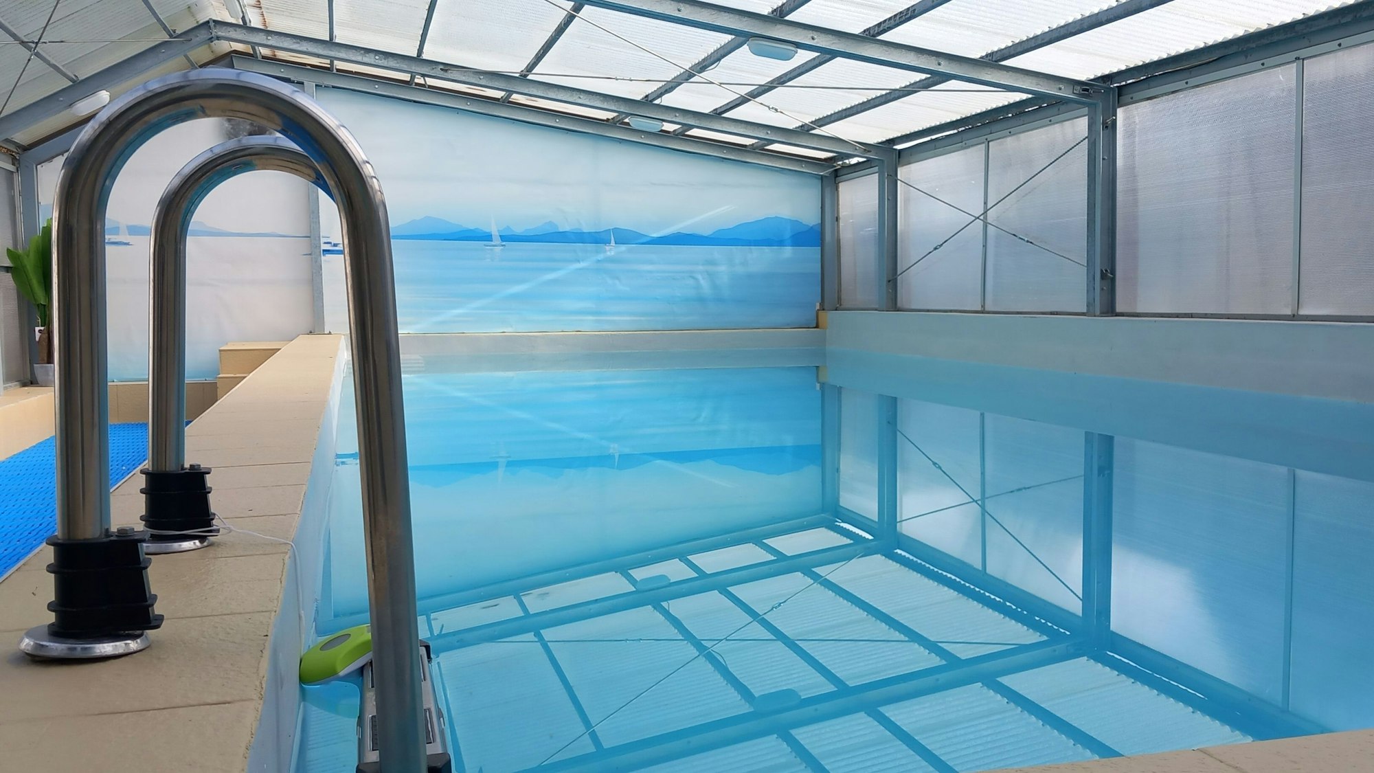 Das Schwimmbecken misst vier mal zehn Meter. Die Stahlträger sind laut Besitzer auf Drängen des Kreises eingebaut worden.