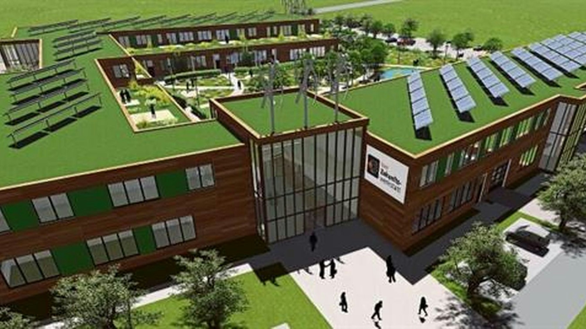 Die Darstellung zeigt einen Gebäudekomplex in Holzbauweise und begrüntem Dach.