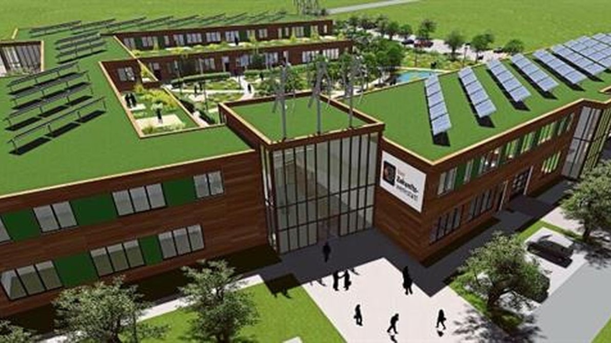 Die Darstellung zeigt einen Gebäudekomplex in Holzbauweise und begrüntem Dach.