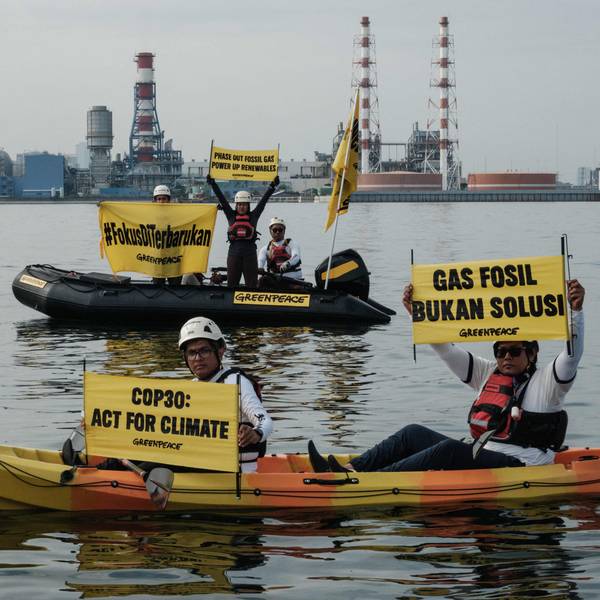 Das Bild zeigt Greenpeace-Aktivisten bei einer Protestaktion am Rande der COP30-Klimakonferenz im brasilianischen Belem. Foto: Yasuyoshi Chiba/AFP
