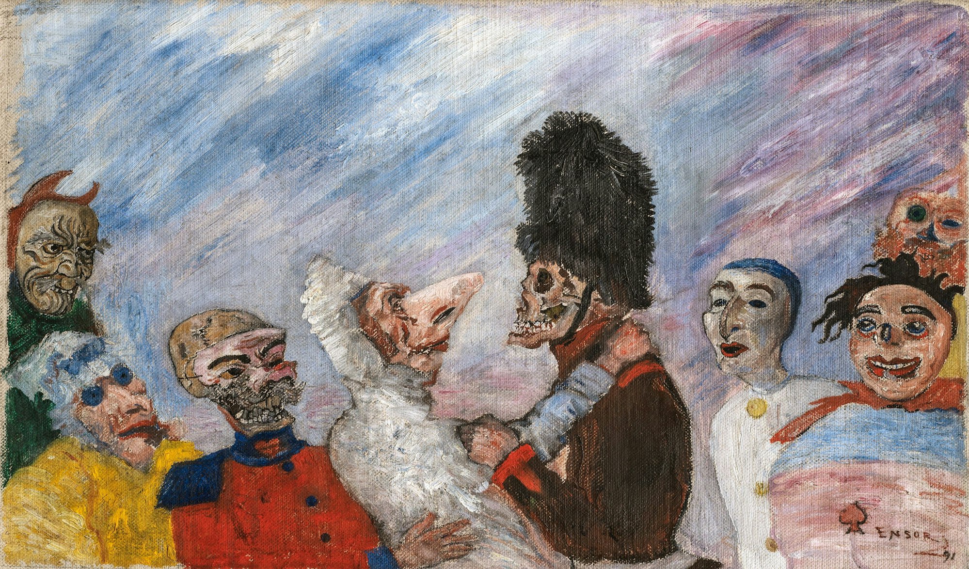 „Skelett verhaftet Maskierte“ schuf James Ensor im Jahr 1891.
