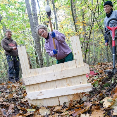 Teilnehmer des Projekts arbeiten im Gierather Wald bei Bergisch Gladbach an einer Holzwand zur Absperrung eines Entwässerungsgrabes in den Boden.