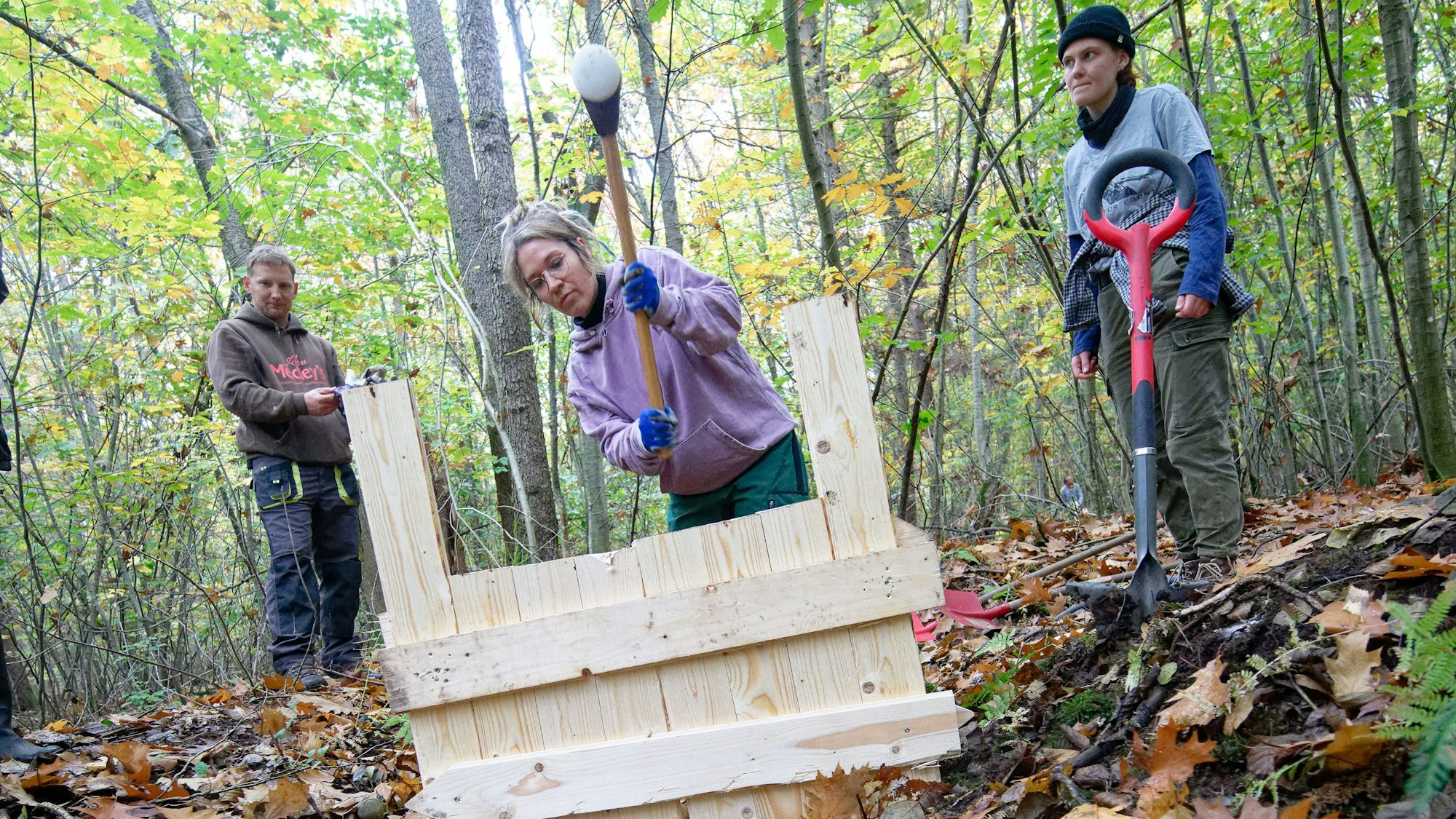 Teilnehmer des Projekts arbeiten im Gierather Wald bei Bergisch Gladbach an einer Holzwand zur Absperrung eines Entwässerungsgrabes in den Boden.