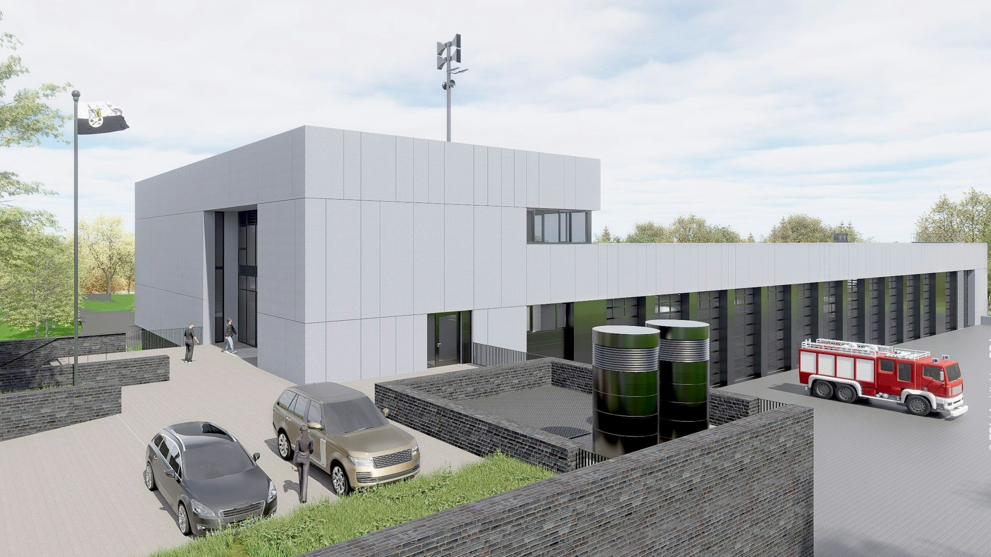 Visualisierung des neuen Gebäudes mit Außenanlagen.