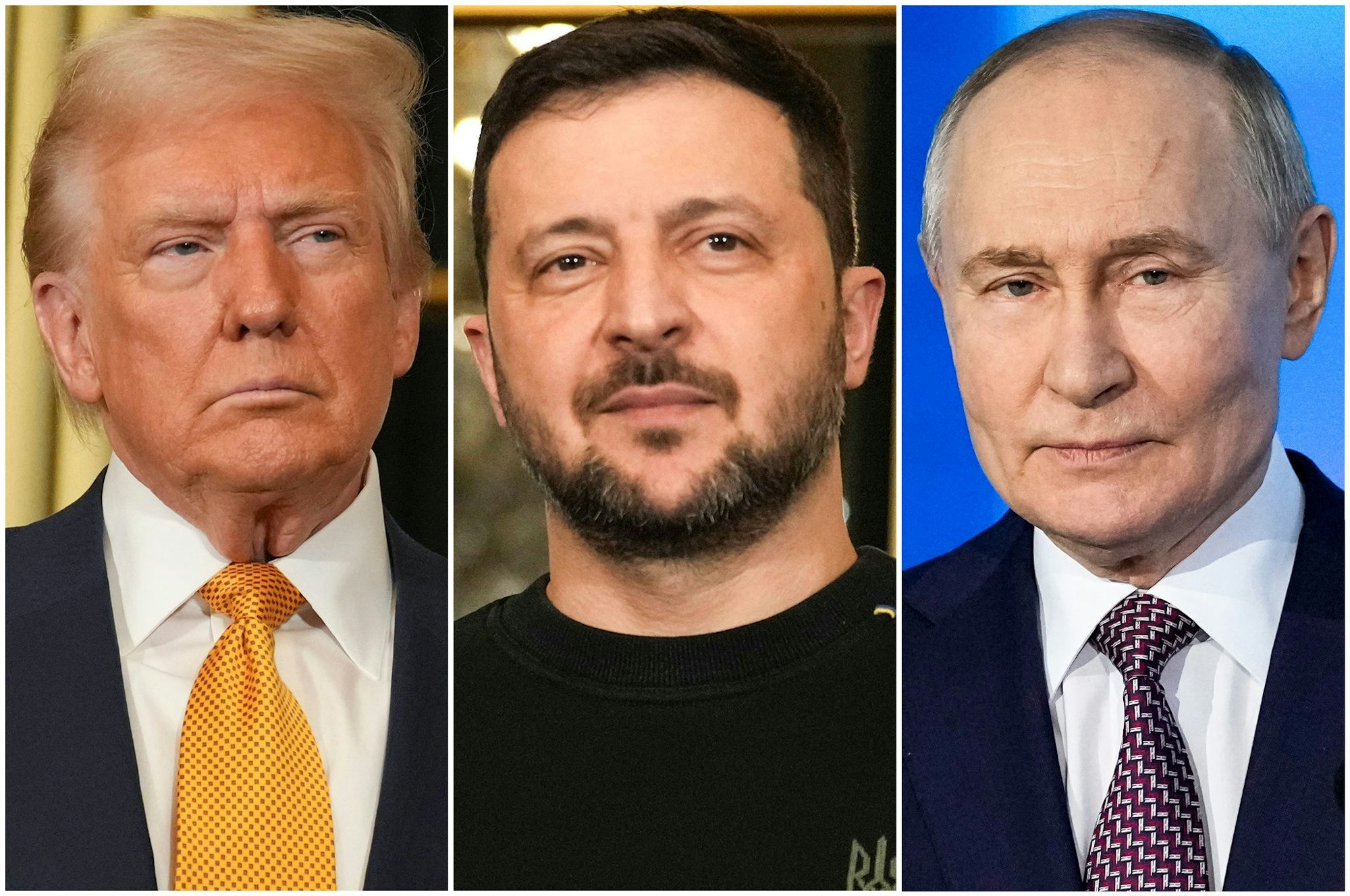 Die drei Präsidenten Trump, Selenskyj und Putin (von links) verhandeln über eine Lösung im Ukraine-Krieg. (Archivbild)