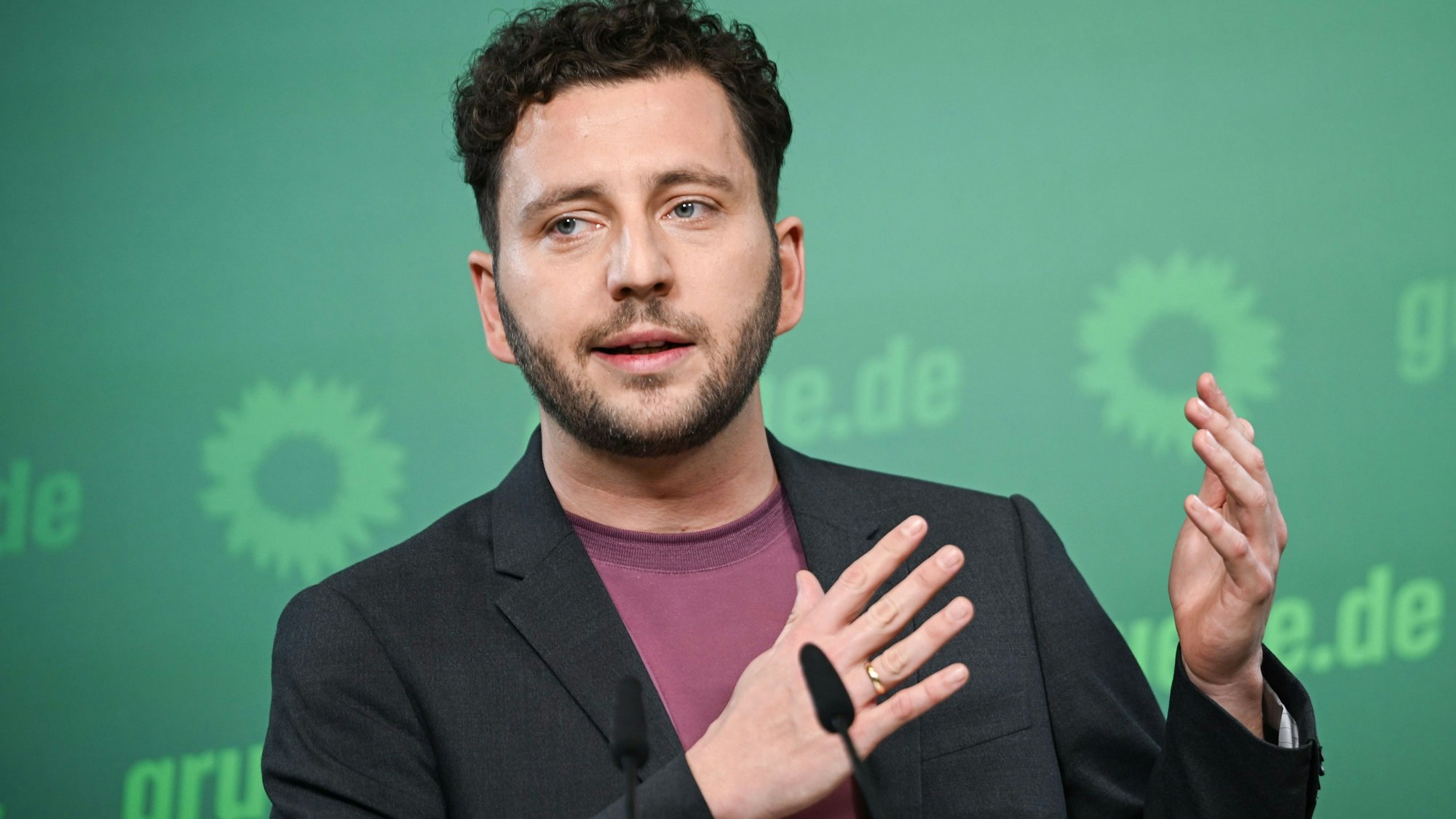 Felix Banaszak, Bundesvorsitzender Bündnis 90/die Grünen spricht bei einer Pressekonferenz. (Archivbild)