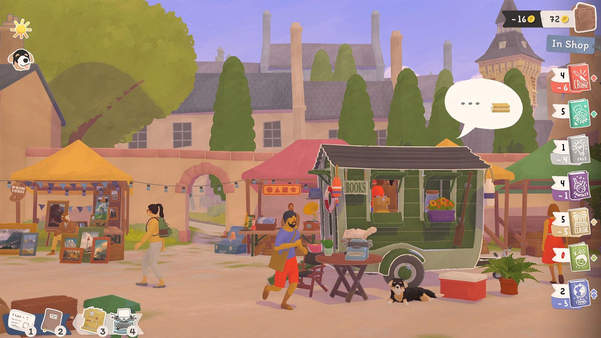 Spielende betreiben einen mobilen Buchladen und interagieren mit Bewohnenden.