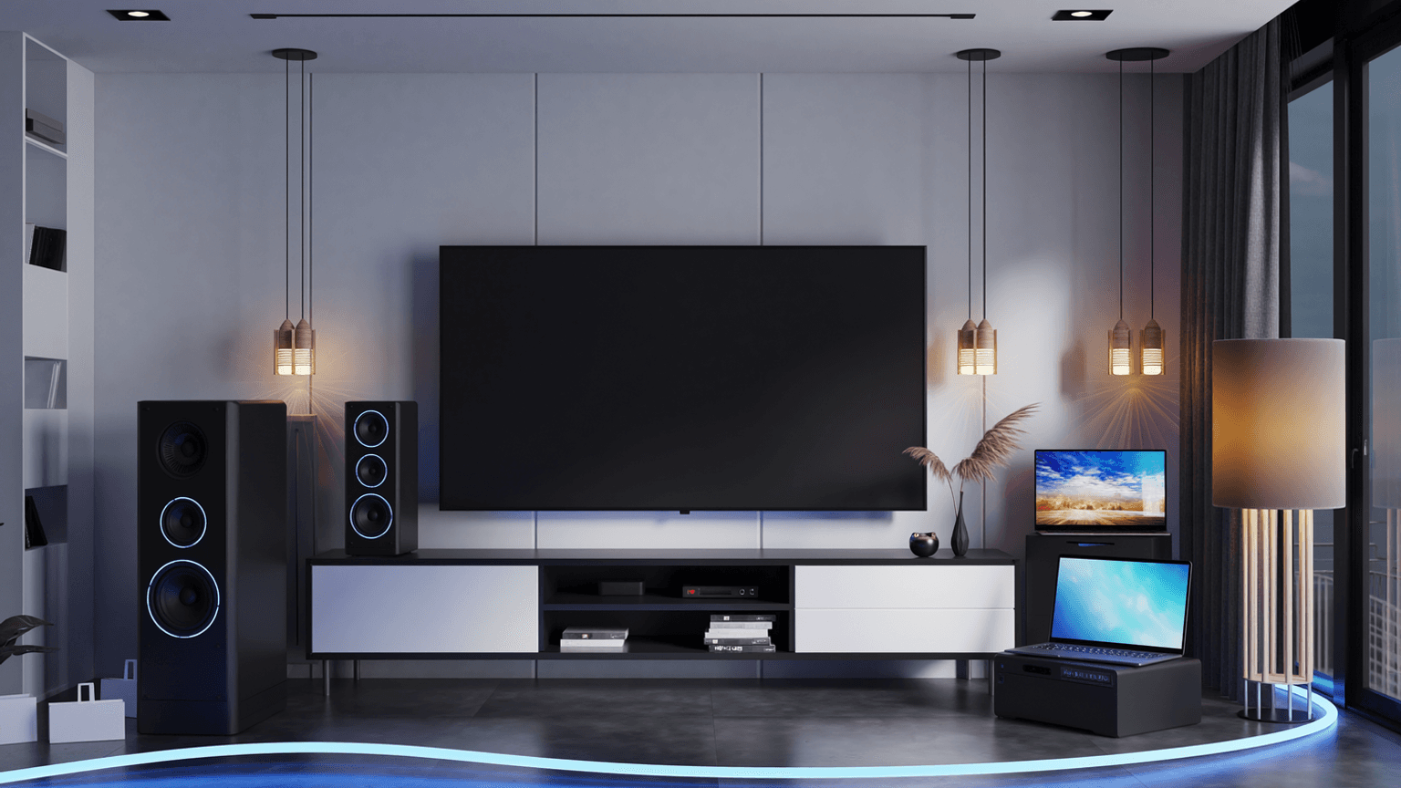 Wohnzimmer mit TV, Laptop, Lautsprecher und alle eingeschaltet.