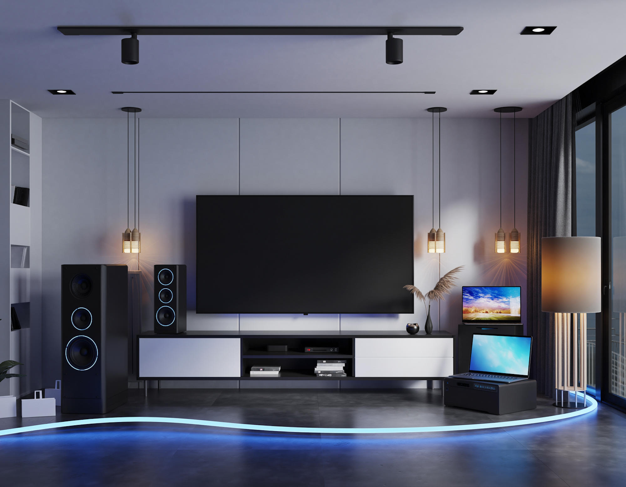 Wohnzimmer mit TV, Laptop, Lautsprecher und alle eingeschaltet.