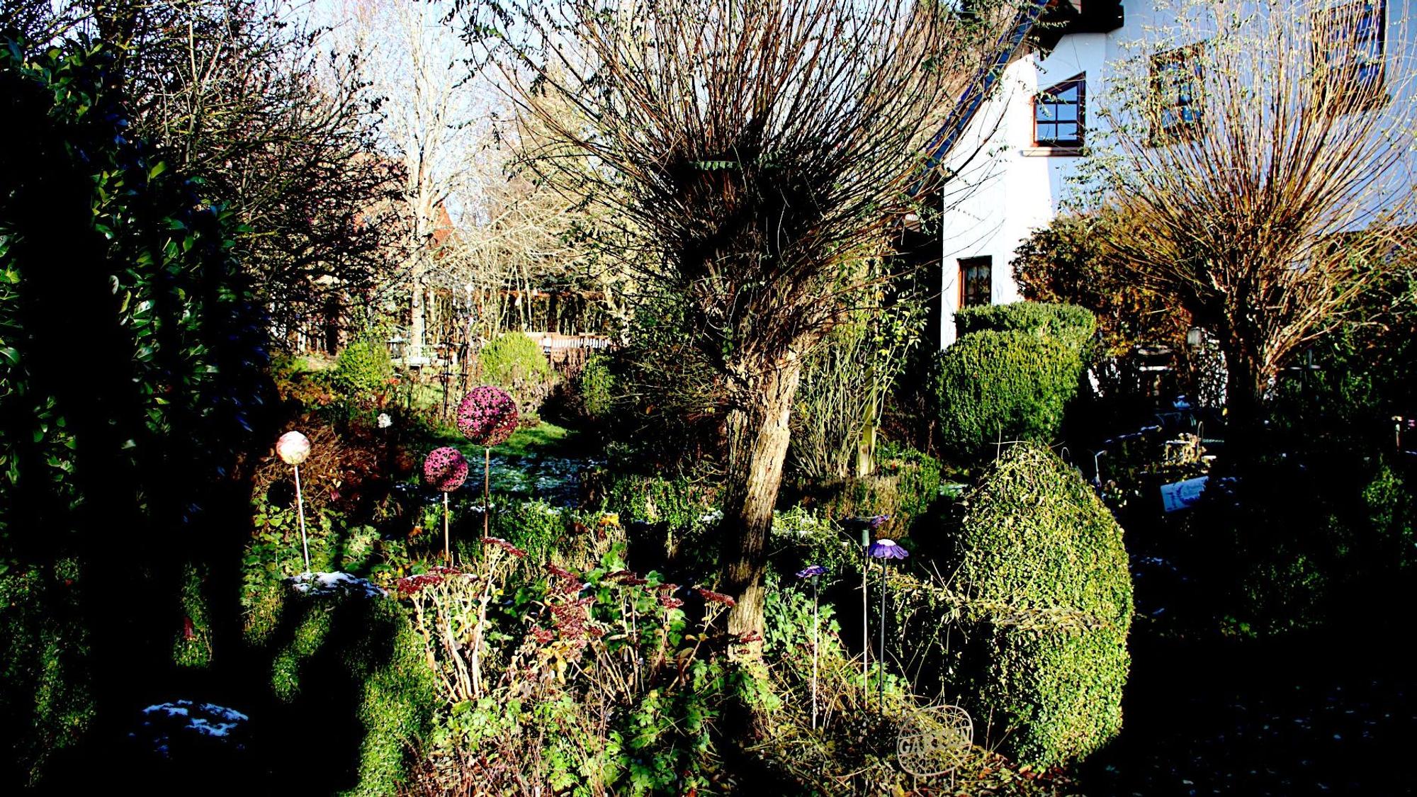 Blick in den winterlichen Garten der Familie Böhm in Freilingen.