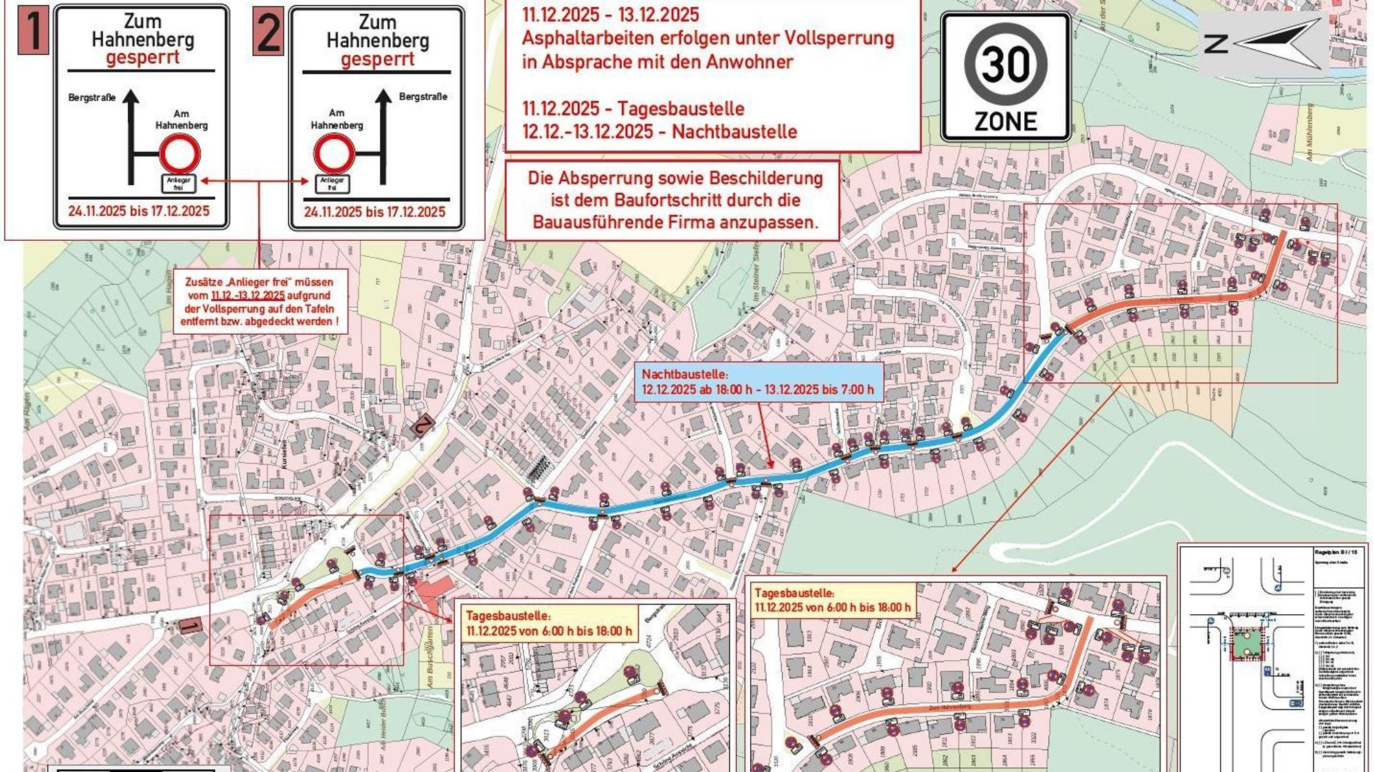 Ein Stadtplan von Odenthal. Er zeigt die Straße „Zum Hahnenberg“ und die geplanten Bauabschnitte der Straße.
