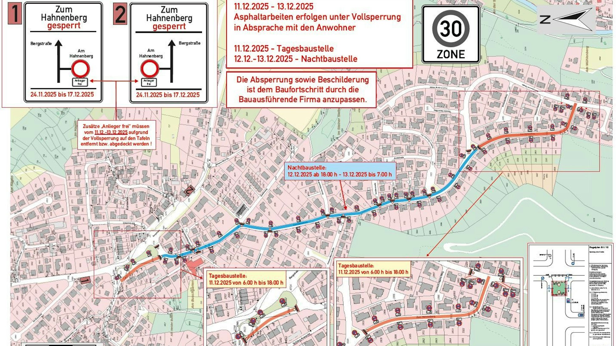 Ein Stadtplan von Odenthal. Er zeigt die Straße „Zum Hahnenberg“ und die geplanten Bauabschnitte der Straße.