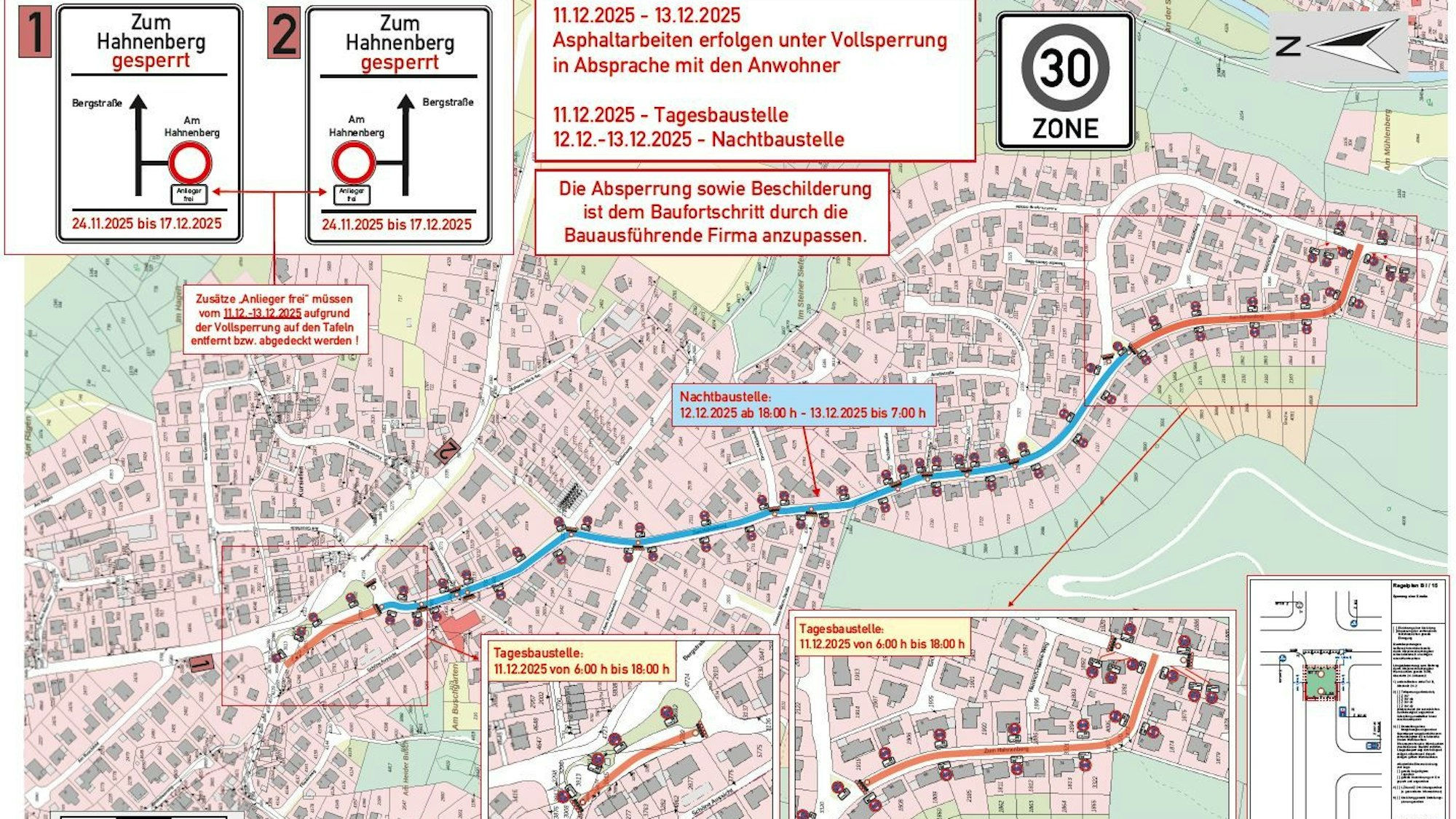 Ein Stadtplan von Odenthal. Er zeigt die Straße „Zum Hahnenberg“ und die geplanten Bauabschnitte der Straße.