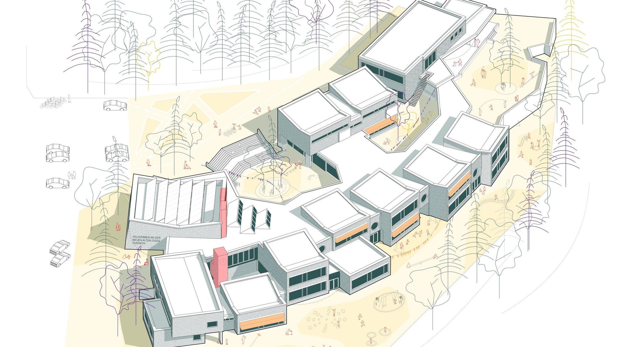 Eine Grafik zeigt einen Entwurf für das erneuerte Grundschul-Gelände im Burgholzweg 20 in Overath. Ein Entwurf zeigt einen gebogenen langen und verschachtelten Schulgebäudekomplex, der aus einzelnen Häusern zu bestehen scheint.