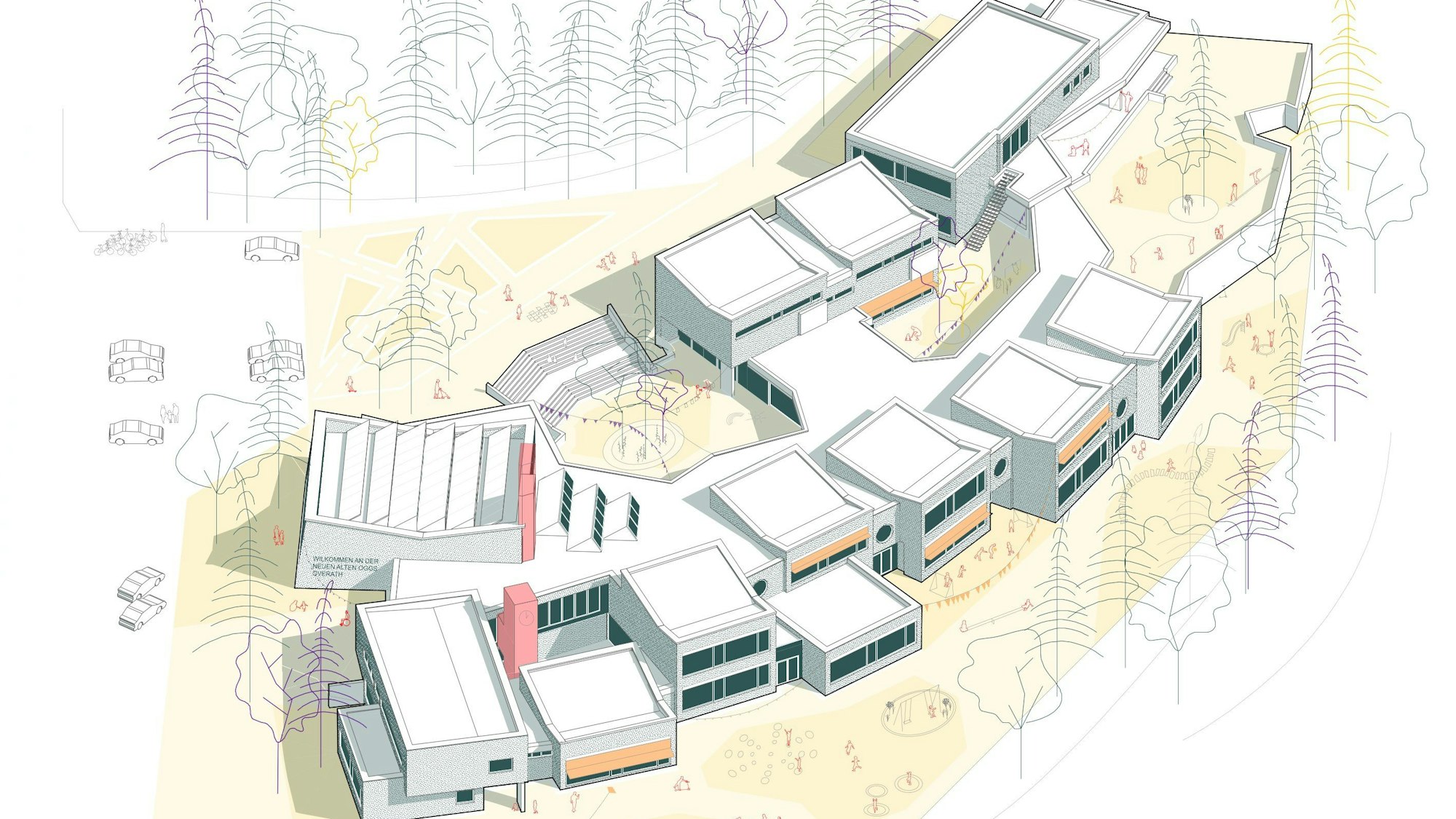Eine Grafik zeigt einen Entwurf für das erneuerte Grundschul-Gelände im Burgholzweg 20 in Overath. Ein Entwurf zeigt einen gebogenen langen und verschachtelten Schulgebäudekomplex, der aus einzelnen Häusern zu bestehen scheint.