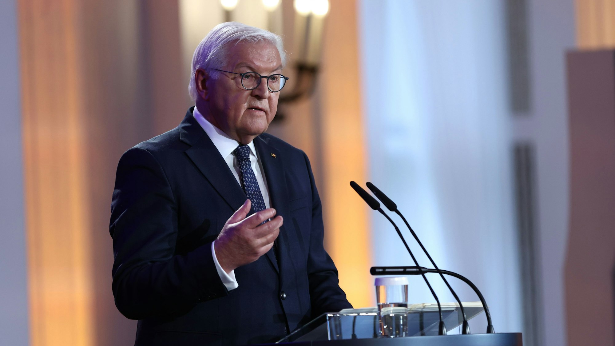 09.11.2025, Berlin: Bundespräsident Frank-Walter Steinmeier hält am Jahrestag des Mauerfalls 1989, des antijüdischen Pogroms der Nazis 1938 und der Ausrufung der Republik nach dem Ersten Weltkrieg 1918 in seiner Residenz Schloss Bellevue in Berlin, Deutschland, eine Rede über aktuelle Gefahren für die Demokratie.