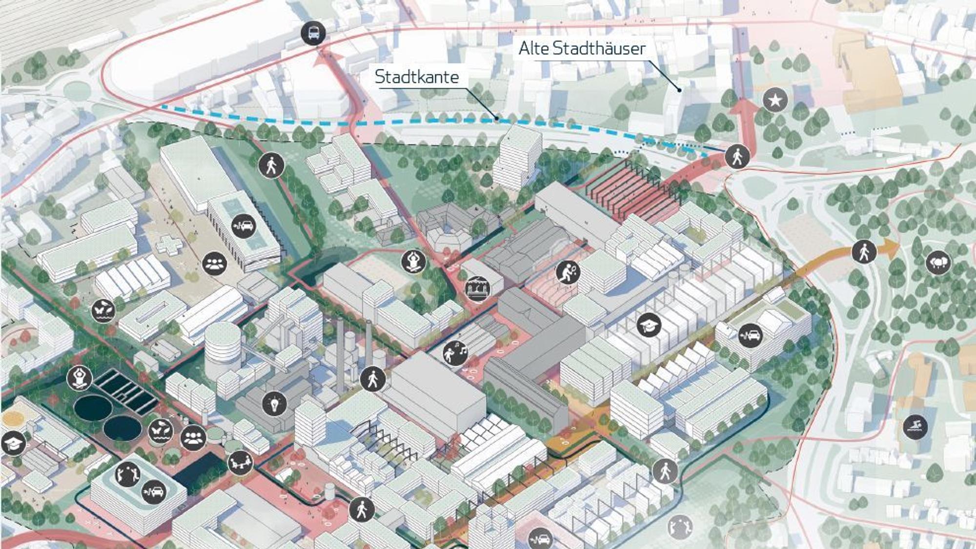 Eine Zeichnung zeigt die Bergisch Gladbacher Innenstadt samt Stadtkante und den alten Stadthäusern.
