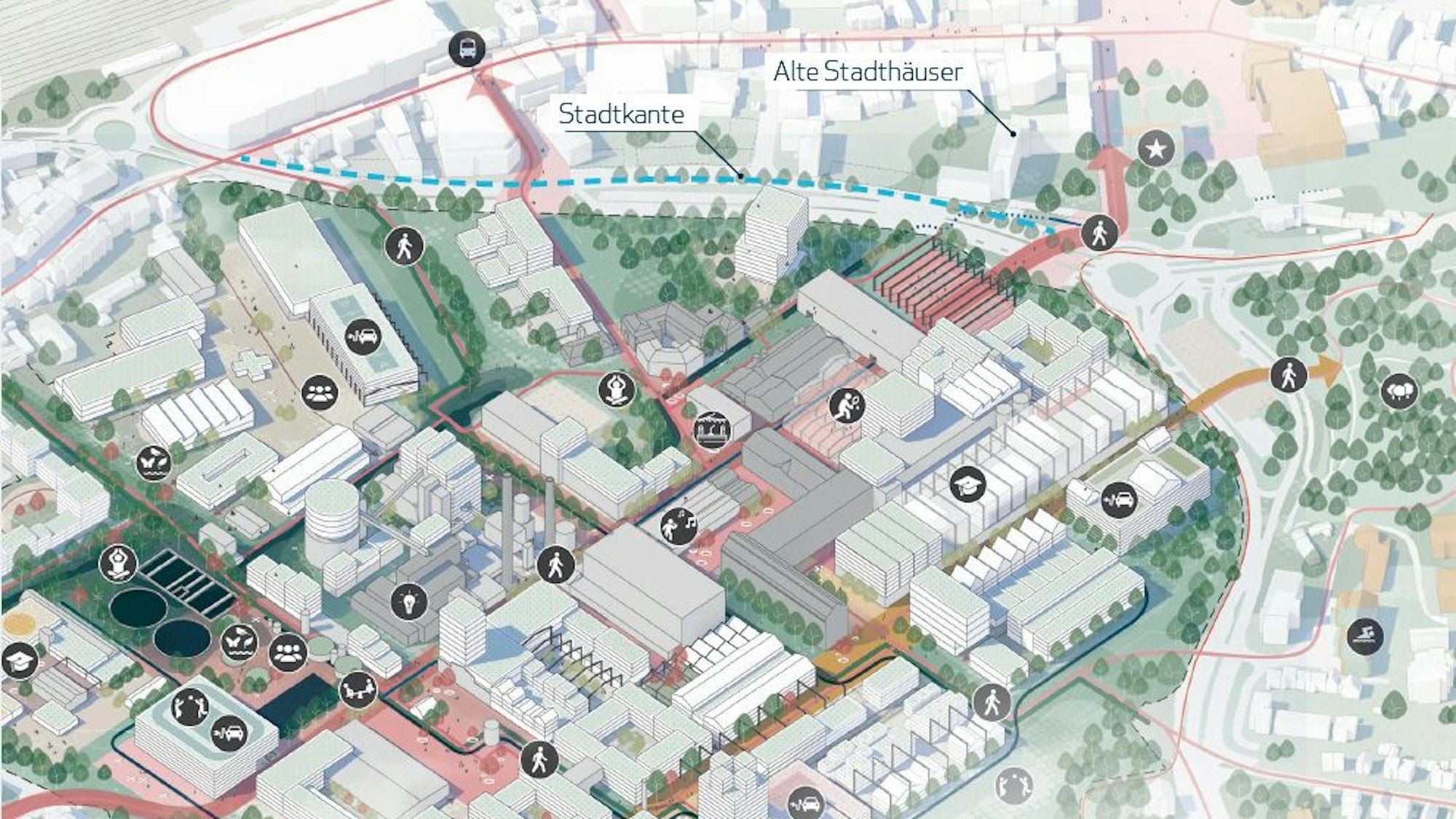 Eine Zeichnung zeigt die Bergisch Gladbacher Innenstadt samt Stadtkante und den alten Stadthäusern.