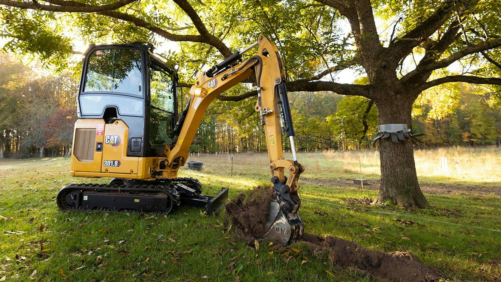 Insgesamt drei solcher Minibagger ließ die niederländische Polizei auf Internet-Baustellen in Waldbröl und Königswinter sicherstellen. Das Baugerät ist offenbar Gegenstand eines Betrugs. Das Foto zeigt einen gelben Bagger bei der Arbeit.