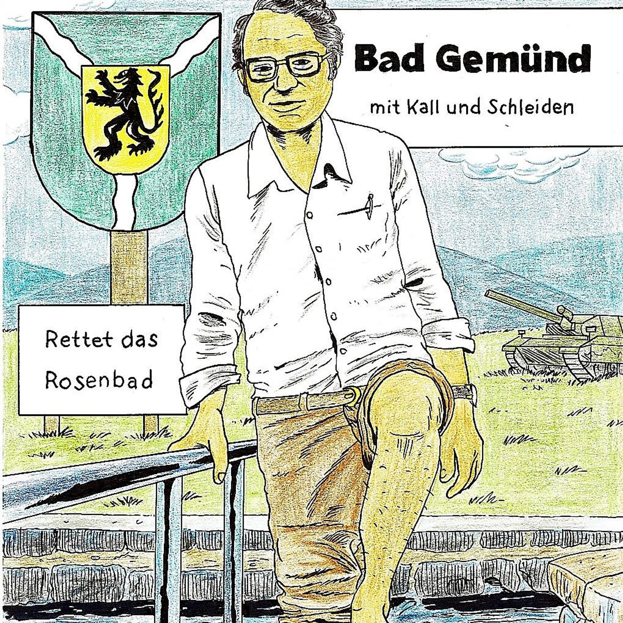 Willi Kehren watet barfuß durch ein Kneippbecken in Gemünd, im Hintergrund rollt ein Panzer durch Gelände des damaligen Truppenübungsplatzes Vogelsang.